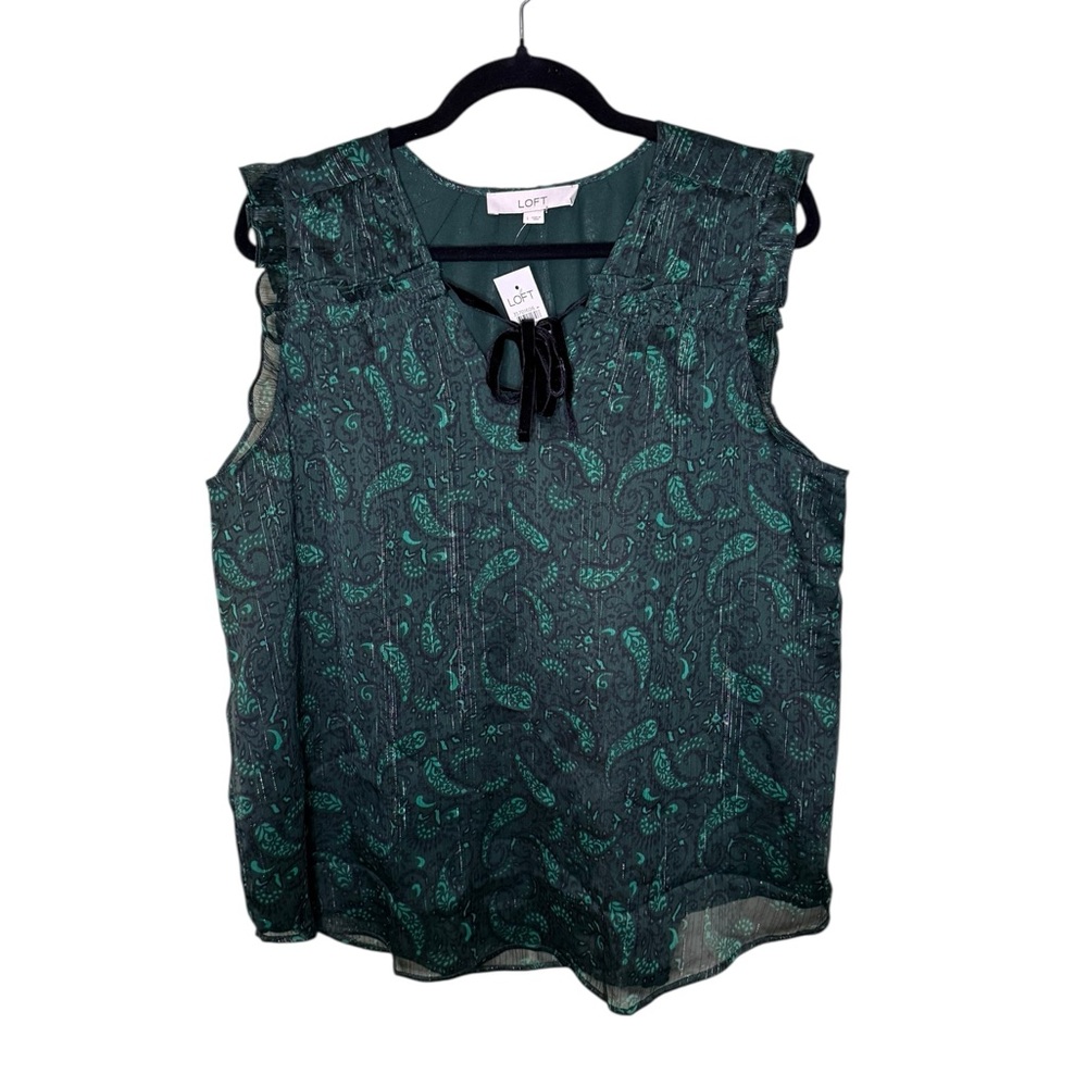 NWT NEW LOFT Sleeveless Tie Paisley Top in Green/Black Large L